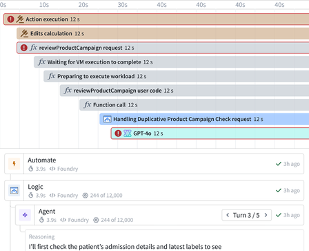 Timeline trace of an AI agent's nested steps and their durations, with a reasoning log below