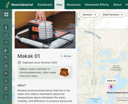 Map dashboard showing details of the Makak 01 water sensor next to its location on the map