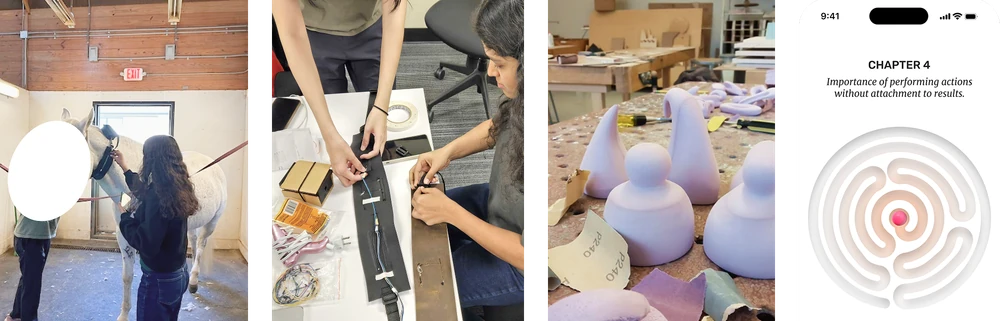 Snapshots of upcoming experiments: time with a horse, wiring a wearable sensor, clay forms in a workshop, and a meditation app screen